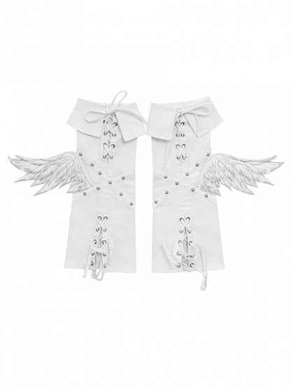 Details Leg White Angel Warmers Studded with Crisscross Punk Laces Wing