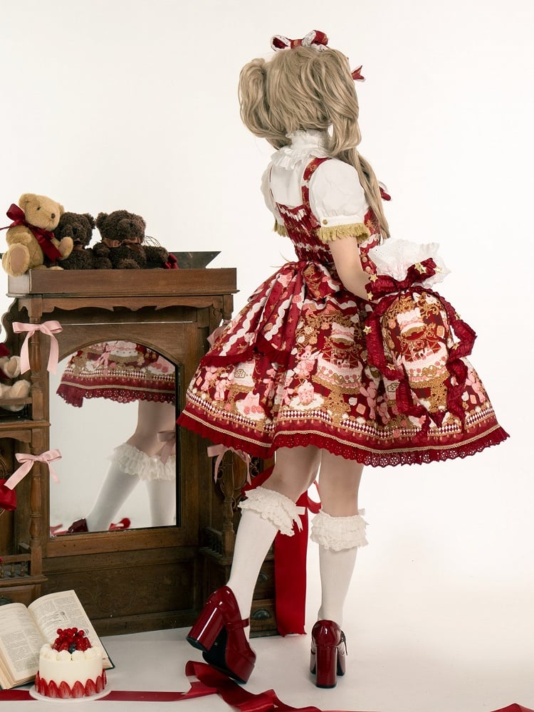 JSK Details Lolita Sweet Bow Trim with and Lace Bear Print Red Cake Dress