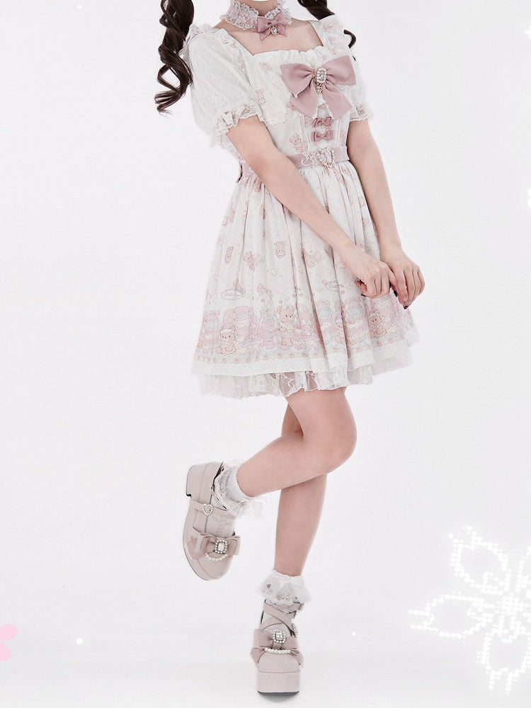 Ryousangata Style Pink Bear Print Square Neck Short-Sleeve Dress with Lace and Bow Details - Shi Zhai Xin