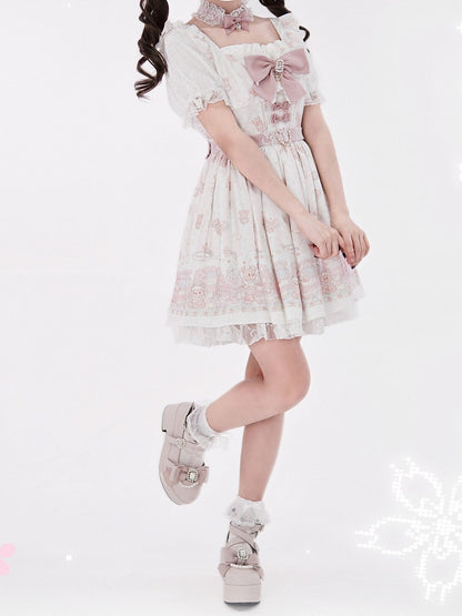 Ryousangata Style Pink Bear Print Square Neck Short-Sleeve Dress with Lace and Bow Details - Shi Zhai Xin