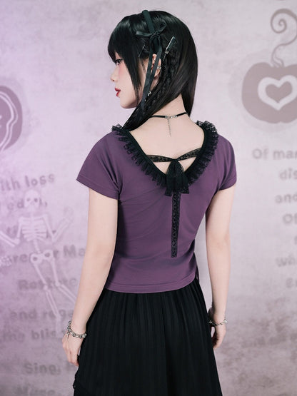 Purple Cotton Short Sleeve Square-Neck Tee with Carousel Print and Drawstring - Quirky Hut