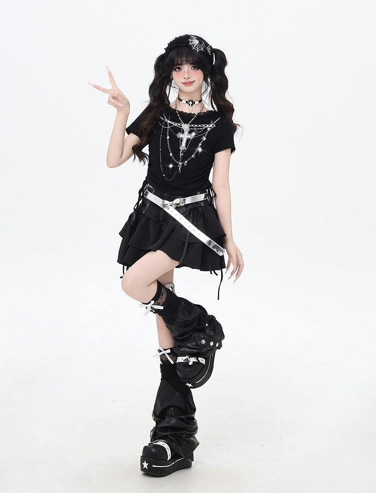 Y2K Black Cross Necklace Print Drawstring Side Lace Trim T-Shirt