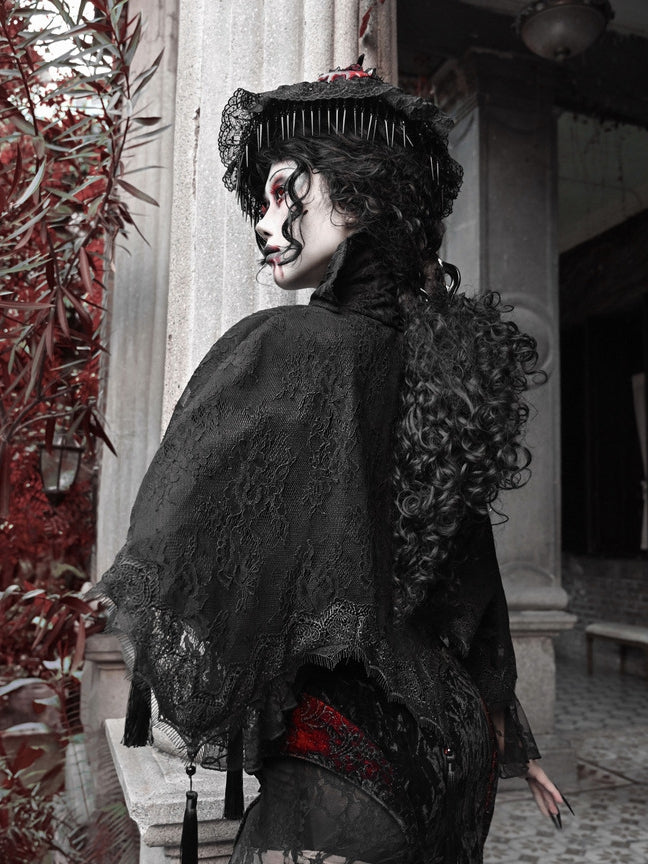 Goth Tassels Hem Lace Vampire Stand Black Collar Cape Shawl