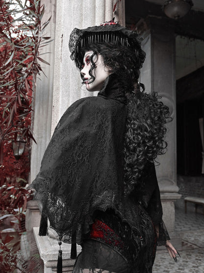 Goth Tassels Hem Lace Vampire Stand Black Collar Cape Shawl