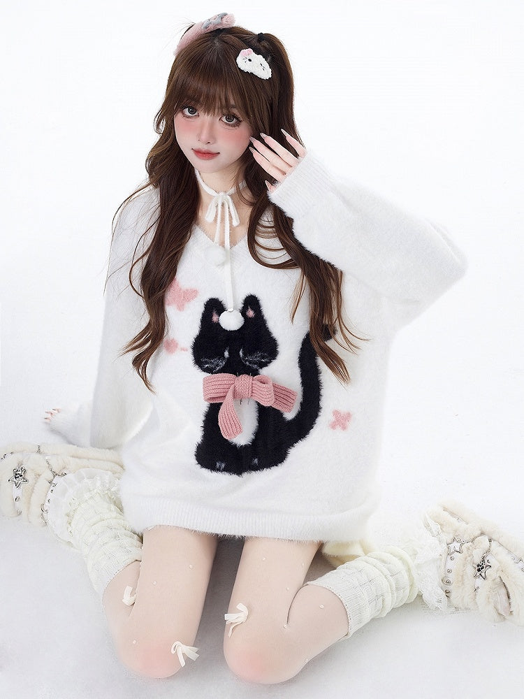 Charming White V-Neck Pullover with Cat Print - CRAZY GIRL