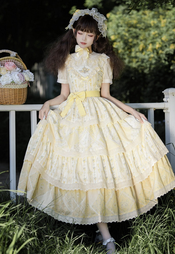 Lily and Cherry Print Yellow Natural Kei Lolita Tiered Dress - With PUJI