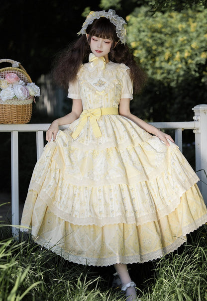 Lily and Cherry Print Yellow Natural Kei Lolita Tiered Dress - With PUJI