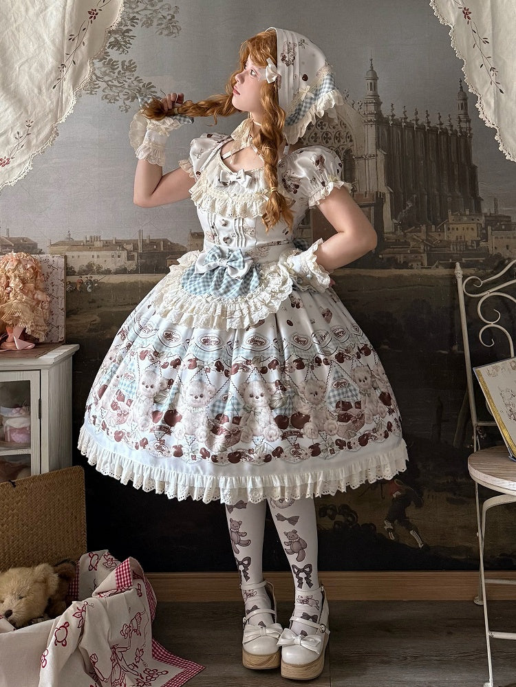 Teddy Sleeves and Short Sweet Lolita Dress White Cherry Print