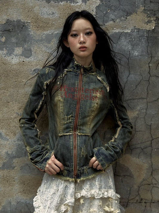 ブルークロスパッチロックパンクデニムジャケット