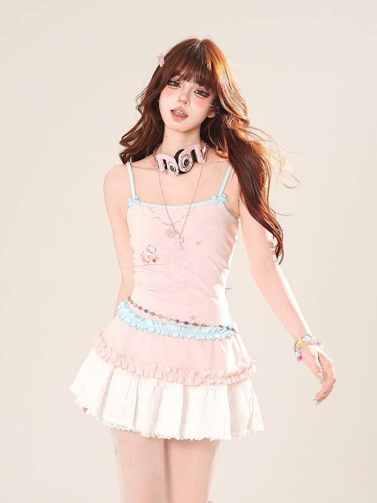 White Lace Trim Mini Tiered Skirt