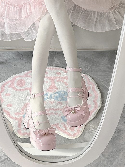 Pink Heart High at with Details Bow Elegant Heels Block Platform Lolita Top