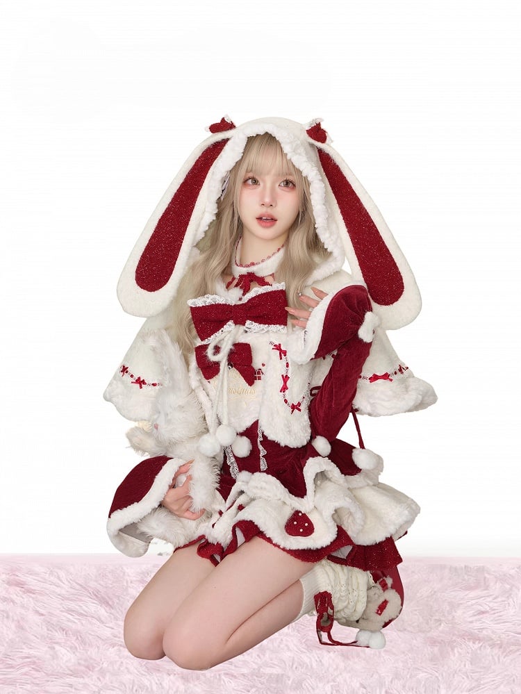 Winter Christmas Bunny-Eared Hooded Red Bow Accents Cape White Cozy with