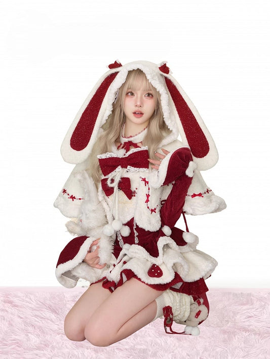 Winter Christmas Bunny-Eared Hooded Red Bow Accents Cape White Cozy with