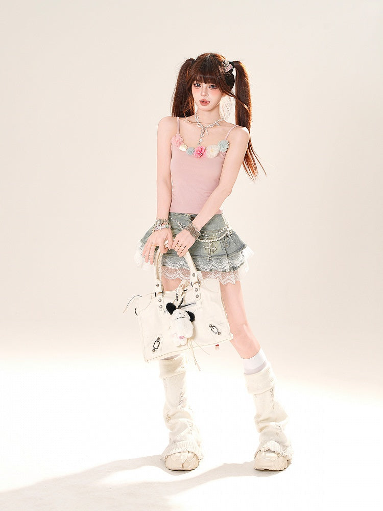 ピンクの花柄ネックラインスリムフィットキャミソールトップス