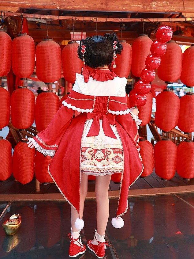 with Gold and Red Details Sleeves Dress Embroidery Tassel Chinoiserie Lolita Bell Beige