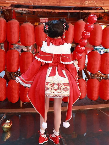 with Gold and Red Details Sleeves Dress Embroidery Tassel Chinoiserie Lolita Bell Beige