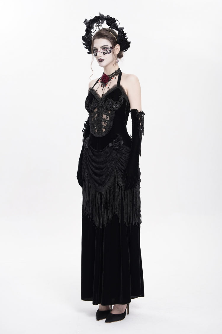 Black Hollow Floral Embroidery Lace-Up Pleated Maxi Dress