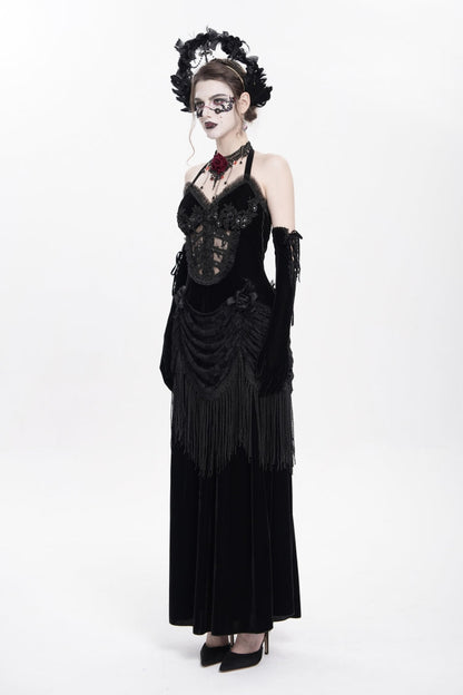 Black Hollow Floral Embroidery Lace-Up Pleated Maxi Dress