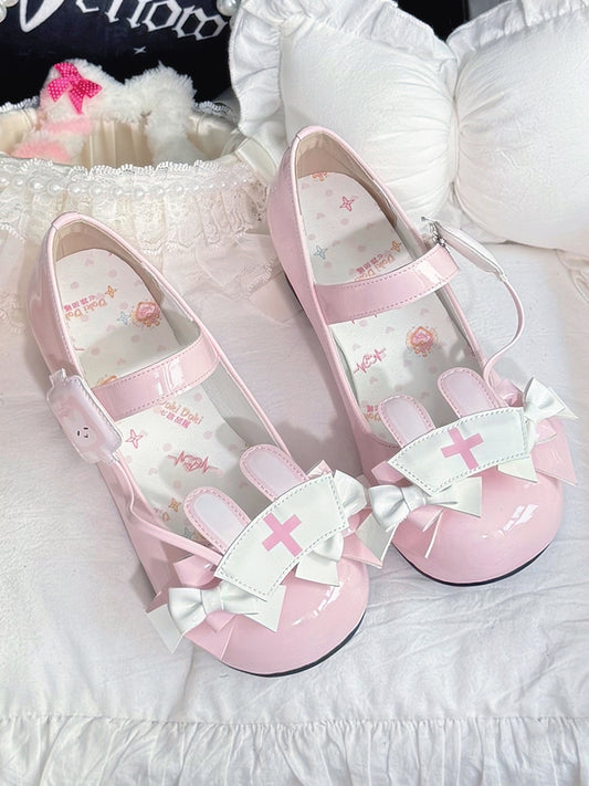 PU Pink Sweet Lolita Mary Janes - Medical Bunny Theme with Bow Accents & Velcro Strap Closures