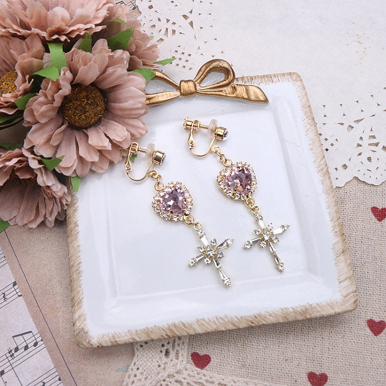 Earrings Jirai Options 4 Kei Heart Color Rhinestone Cross