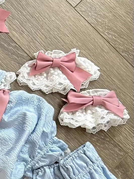 White Lace Lolita Wrist Cuffs with Pink Bow - In Summer
