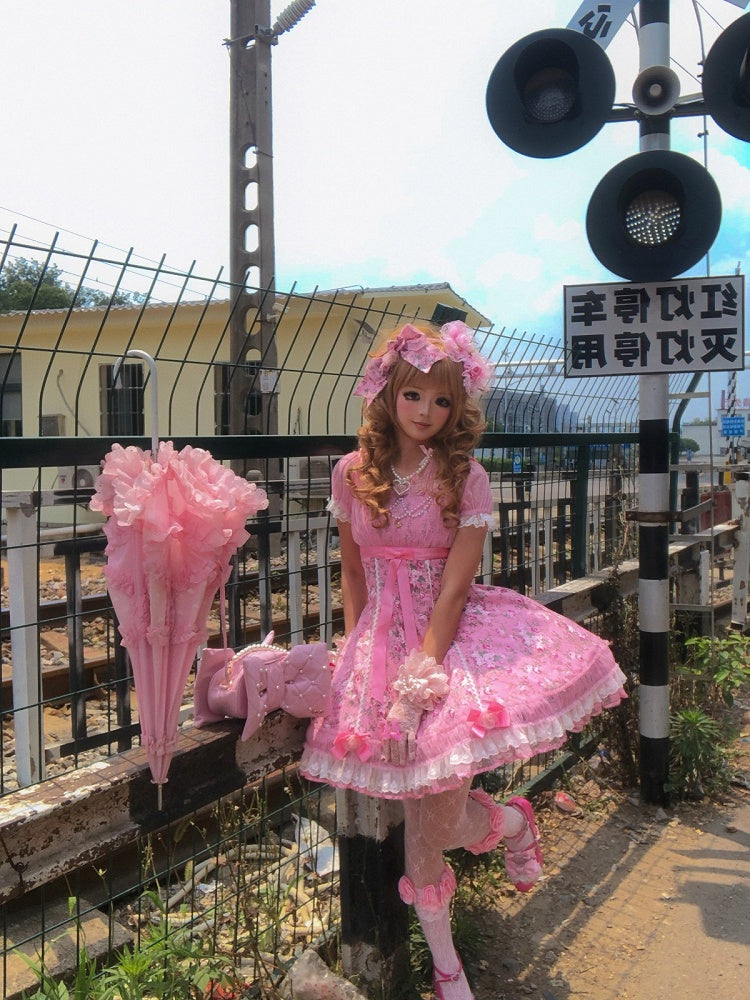 Pink Old School Lolita Floral Print OP Dress with Halter Straps - Asuka