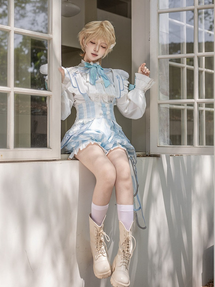 White & Blue Long Sleeves Ouji Style Lolita Shirt + Striped Lolita Suspender Bloomer Shorts with Angel Wing Train Set - Unknown Star