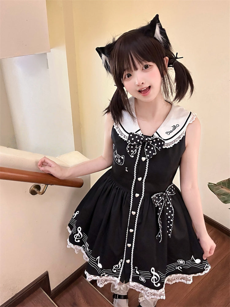 Design Ärmelloses Melodic Kitty Schwarzes Matrosenkragen-Keyboardkleid Zurück