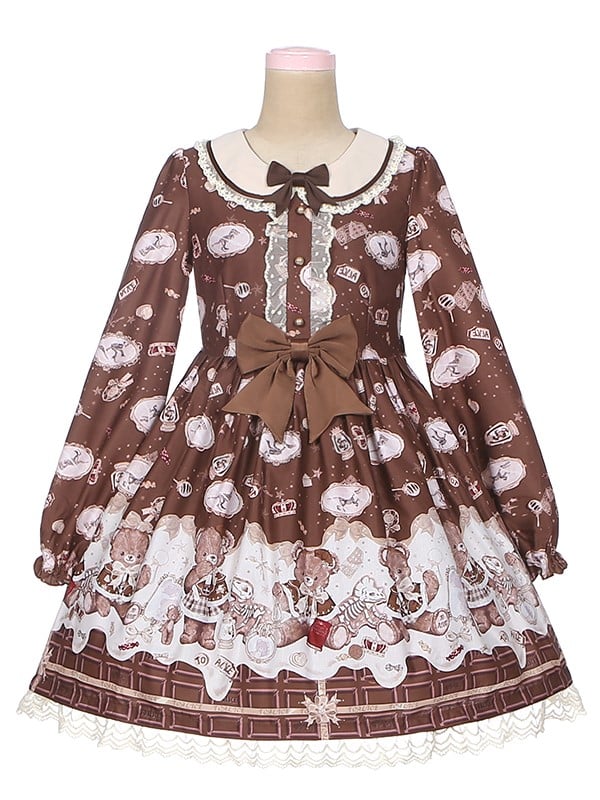 Lolita Trim Print Sweet Chocolate Bear OP Coffee with Teddy Lace