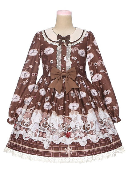 Lolita Trim Print Sweet Chocolate Bear OP Coffee with Teddy Lace
