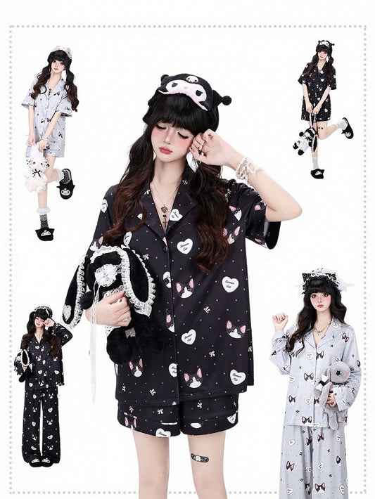 Black Cute Otaku Kitten Print Short Lounge Wear Two-Piece Set - Short-Sleeve Top + Shorts - CRAZY GIRL