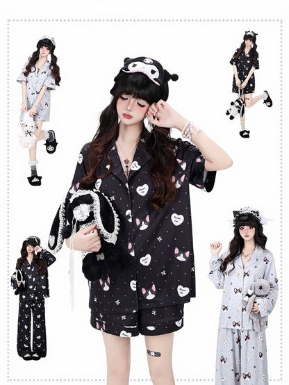 Otaku-Style Grey Lounge Wear Set: Kitten Print Short-Sleeve Top + Matching Pants - CRAZY GIRL