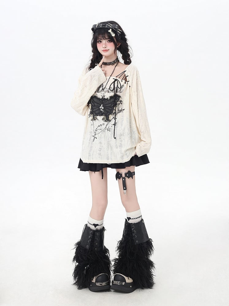 ホールトップ、ヴィンテージバタフライアップリケ、レースアップネックライン、アプリコット、ダメージ加工