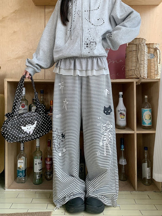 Cat Wide-leg Gray Hem Drawstring Print Star Striped Pants -