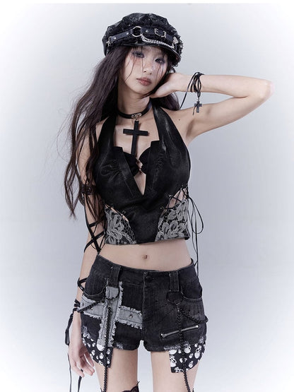 mit glamourösen Schnürpatches Details Spitze seitlich Ärmelloses Top Schwarz Neckholder