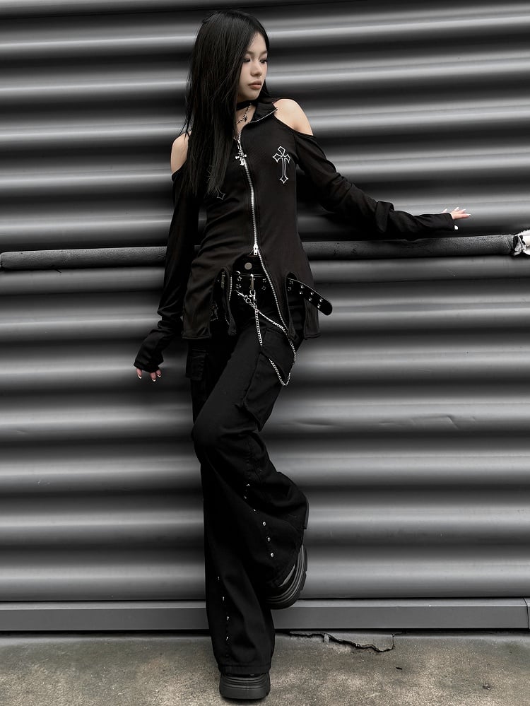 Punk Black Letter Patch Cargo Pockets Low Waist Fishtail Pants mit Gürtel