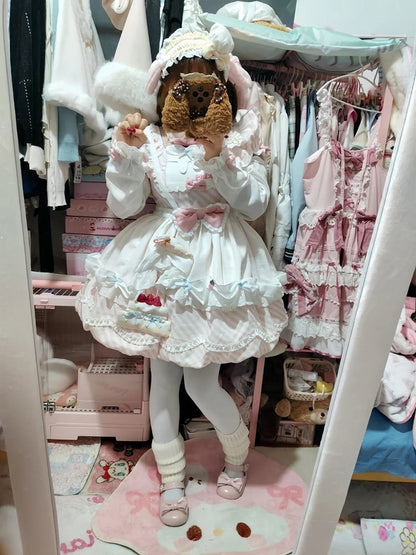 Hairband Train + Set Stripe Bubble Dress Full Lolita with Skirt Sleeves Cake Brooch Apron Sweet Pink Decor OP Puppy Bow Detachable