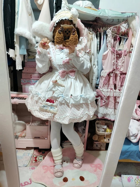 Hairband Train + Set Stripe Bubble Dress Full Lolita with Skirt Sleeves Cake Brooch Apron Sweet Pink Decor OP Puppy Bow Detachable