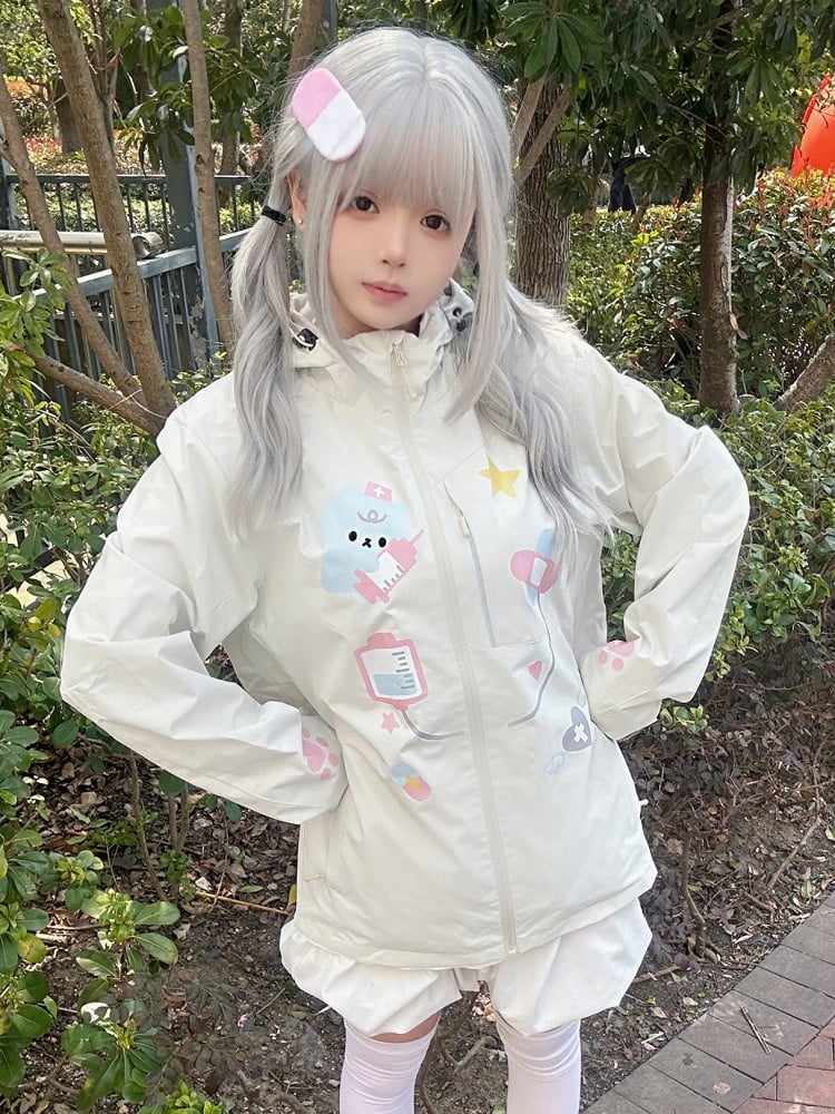 Kawaii Yami Windbreaker Beige Print Jacket Doctor Cat Hood Drawstring with