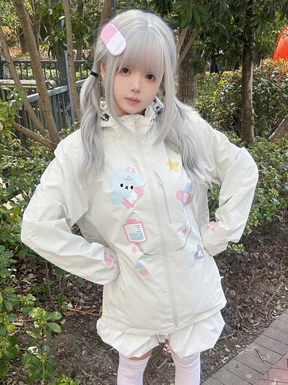 Kawaii Yami Windbreaker Beige Print Jacket Doctor Cat Hood Drawstring with