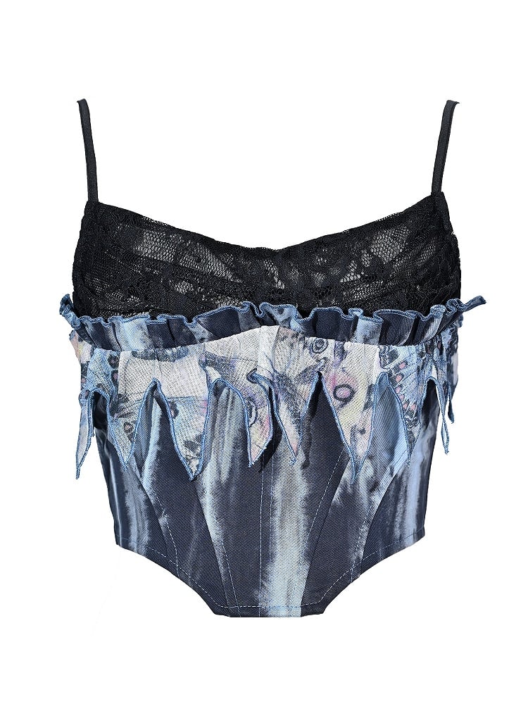 Grunge Punk Rock Fee Blau Spitze Wasserfallausschnitt Korsett mit Knochen Tie Dye Cami Top