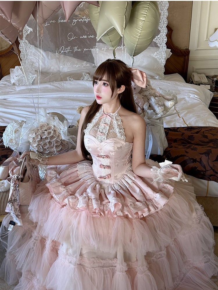 Pink Bow Halter Neck Prom Dress with Tiered Tulle - Diamond Honey