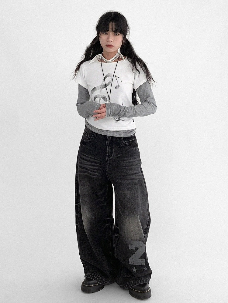 Wide-leg Faded Y2K Print Number Black - Wash with Jeans
