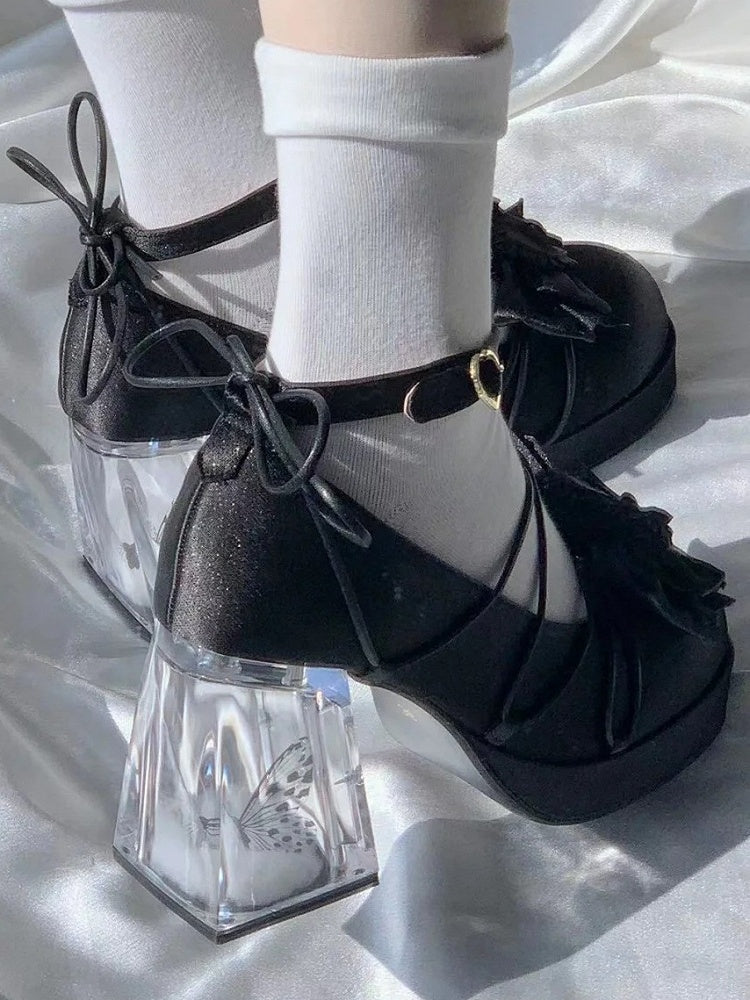 - PU Mary Floral Janes Black Block Accent in Bow Heel High Leather