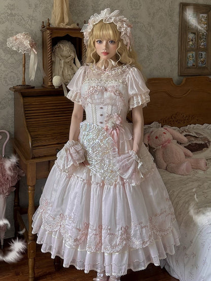 Lolita-Ärmel, rosa, kurzes Kleid, Kirsche, zarte Prinzessinnenblüten-Stickerei