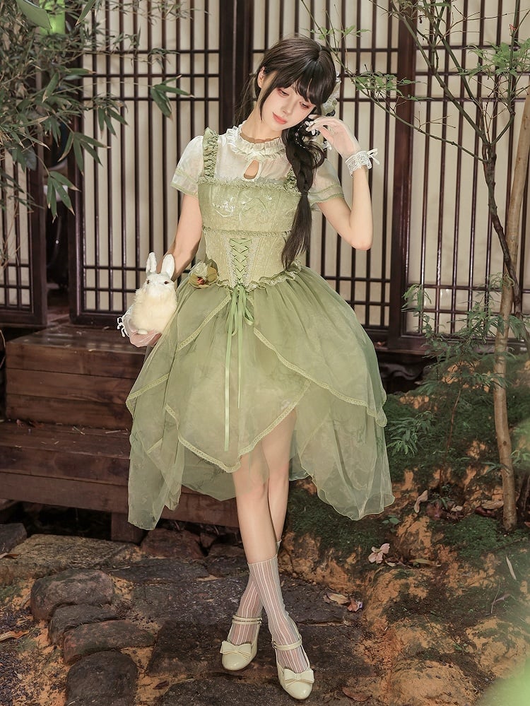 Green Teardrop Cutout Neck Chinoiserie Lolita OP Dress - With PUJI