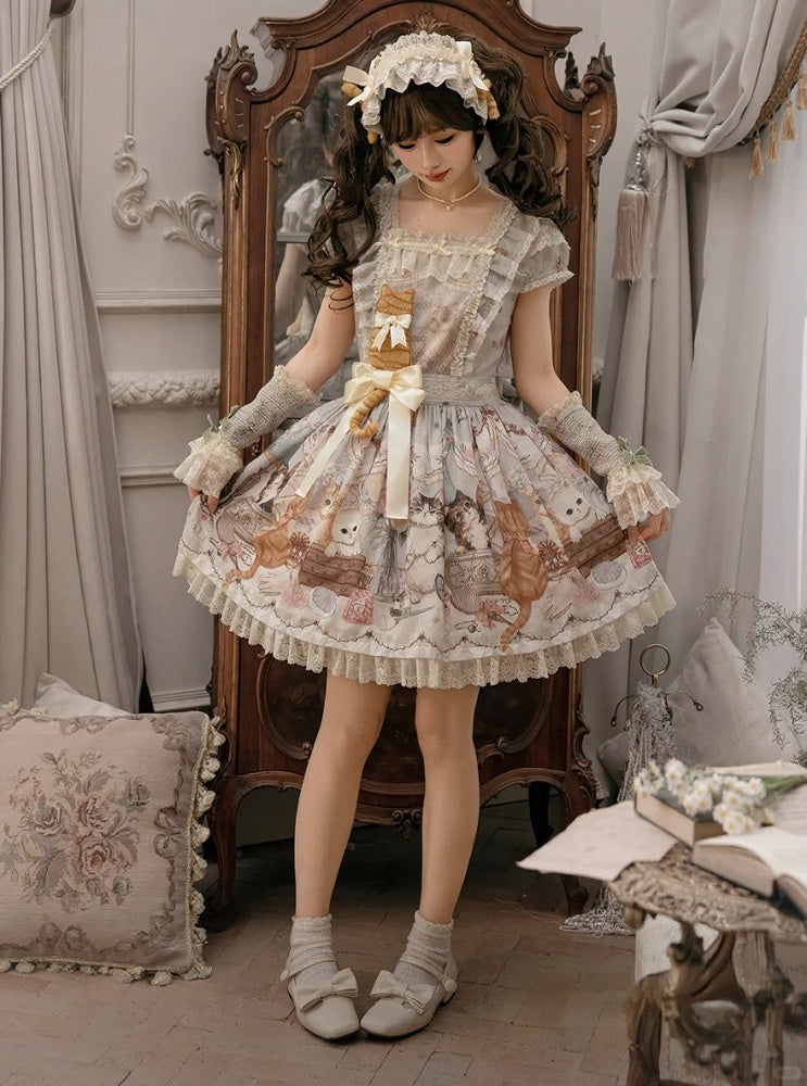 Green Cat Print Square Neckline Sweet Lolita JSK Dress with Plush Cat Patch - NyaNya