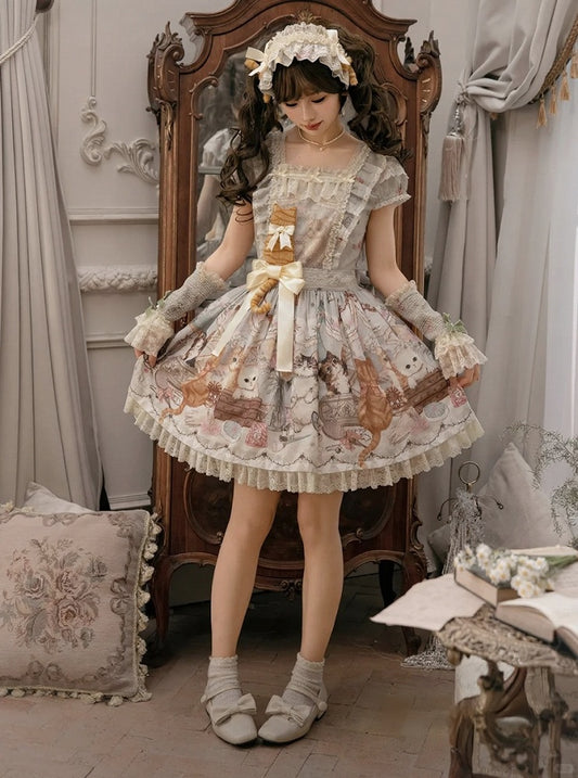 Green Cat Print Square Neckline Sweet Lolita JSK Dress with Plush Cat Patch - NyaNya