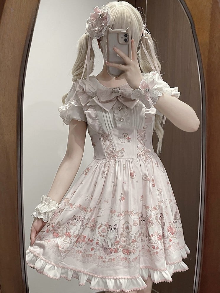 Lace-up Design Sweet Pleating Kei Details Print Pink Cat Jirai