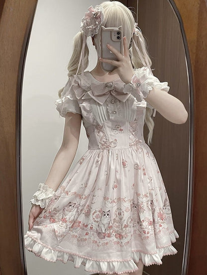 Lace-up Design Sweet Pleating Kei Details Print Pink Cat Jirai